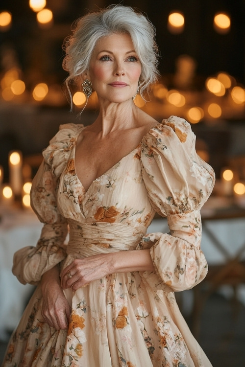 A fashionable woman over 50 in a soft champagne-colored tea-length dress with puff sleeves, floral prints