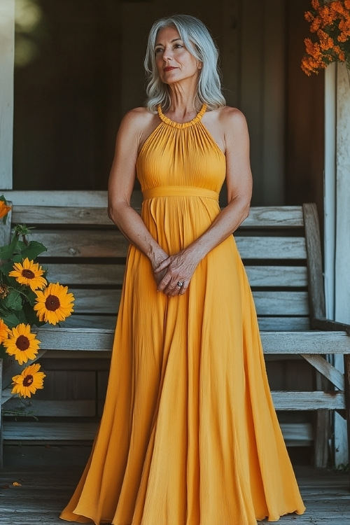 A fashionable woman over 50 in a sunflower yellow A-line maxi dress with a halter neckline, subtle pleats, and a flowing skirt