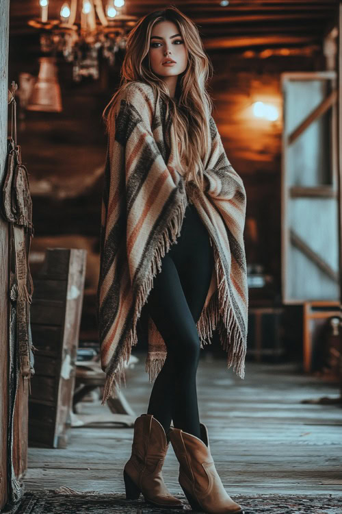 A fashionable woman wearing a plaid poncho layered over a long-sleeve dress, paired with black tights and tan cowboy boots