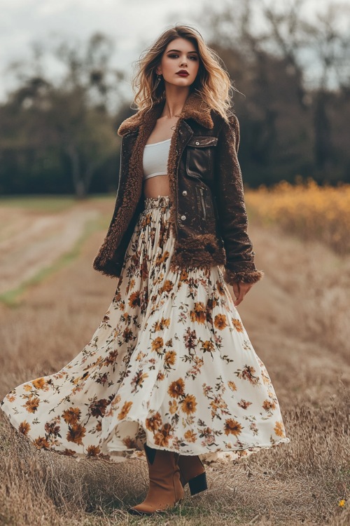 A fashionable woman wearing a shearling jacket over a long floral skirt, styled with tan cowboy boots, standing near a rustic outdoor concert field (2)