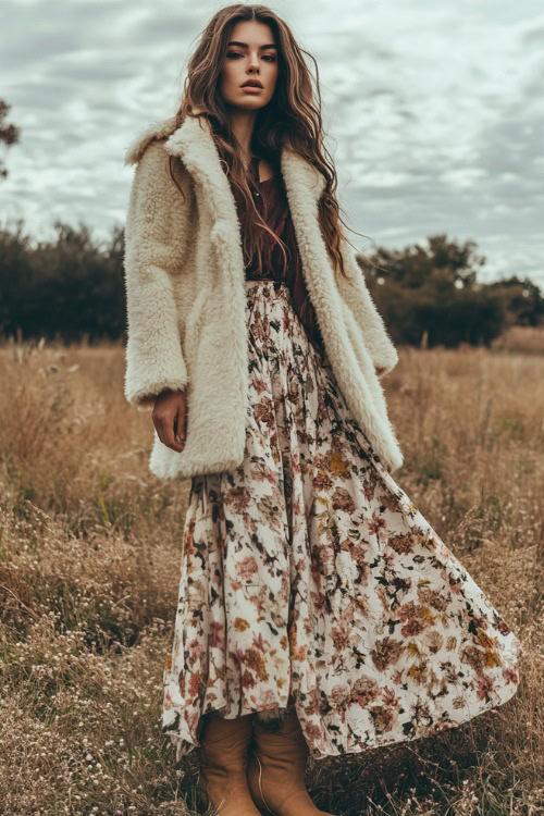 A fashionable woman wearing a shearling jacket over a long floral skirt, styled with tan cowboy boots, standing near a rustic outdoor concert field