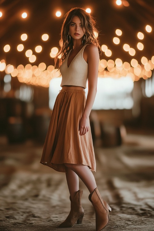 A fashionable woman wearing a structured midi skirt with button details, paired with a sleeveless ribbed top and pointed western boots, accessorized with hoop earrings,