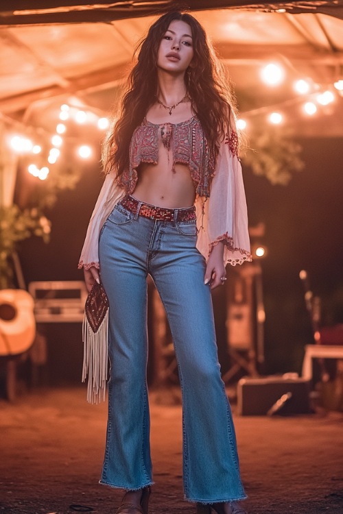 A fashionable woman wearing cropped bootcut jeans, a boho embroidered blouse, and strappy wedge sandals, accessorized with a fringe shoulder bag