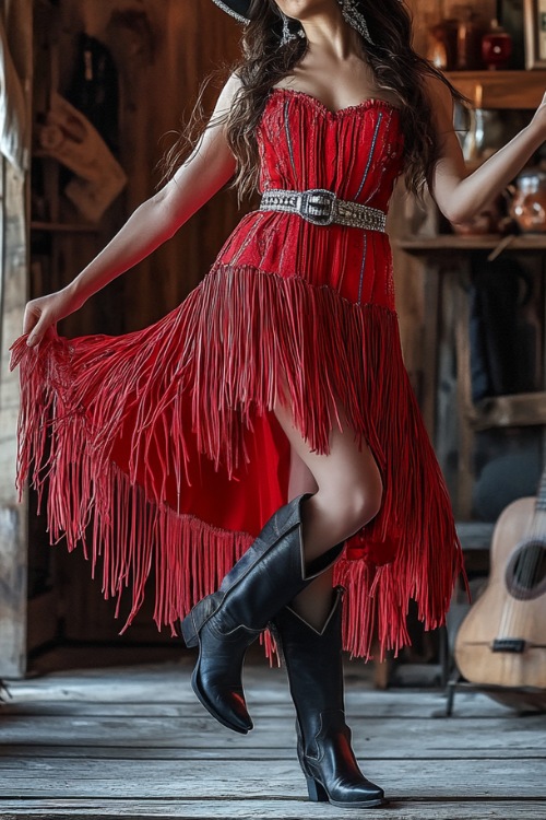 A festive look with a woman in a red fringe dress, black cowboy boots, and a silver belt (2)