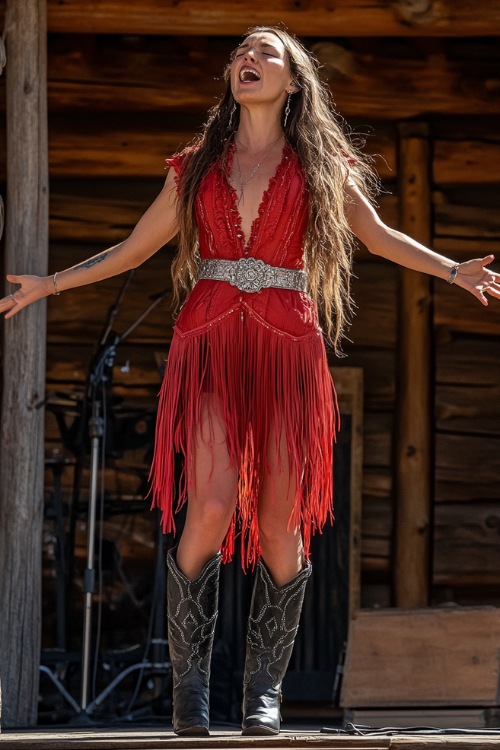 A festive look with a woman in a red fringe dress, black cowboy boots, and a silver belt