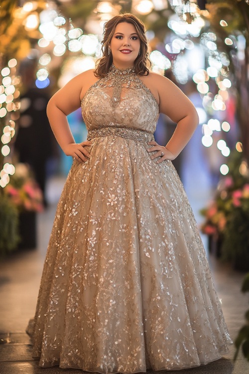 A plus-size woman in a metallic champagne floor-length dress with a halter neckline, a cinched waist, and subtle floral embroidery