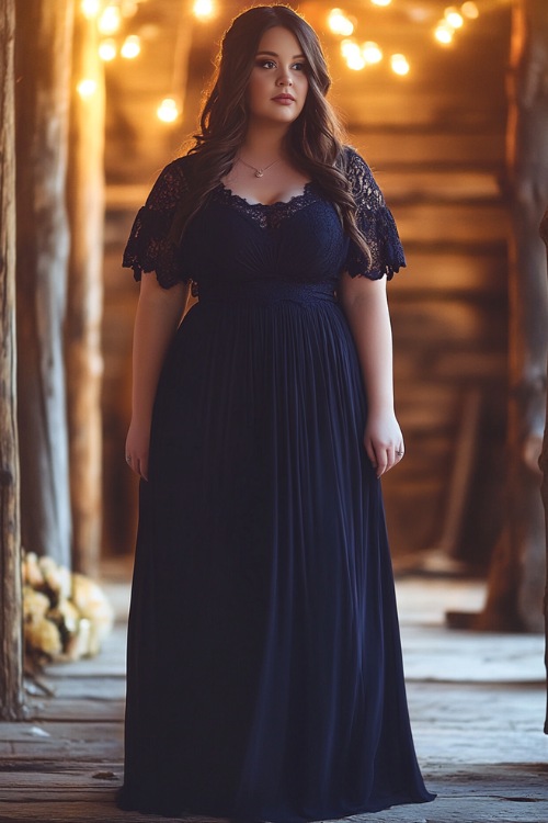 A plus-size woman in a navy empire-waist maxi dress with flutter sleeves, subtle pleats, and a lace neckline