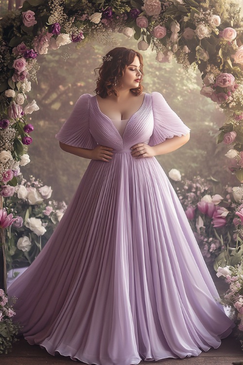 A plus-size woman in a pastel lavender A-line gown with flutter sleeves, a V-neckline, and a pleated skirt,