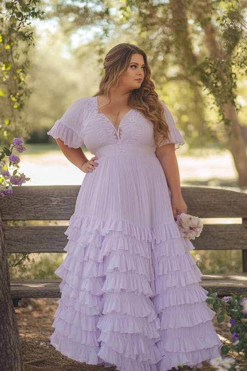 A plus-size woman in a pastel lavender tea-length A-line dress with flutter sleeves, a keyhole neckline, and a tiered skirt