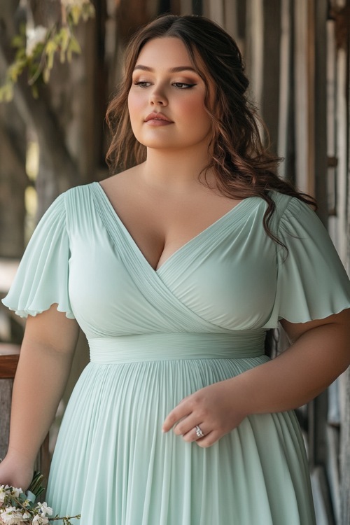 A plus-size woman in a pastel mint green midi wrap dress with a cinched waist, flutter sleeves, and a pleated hemline