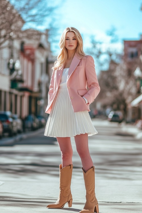 A preppy Valentine's outfit featuring a pink blazer, a white pleated skirt, and tan cowboy boots, styled at a quaint downtown square