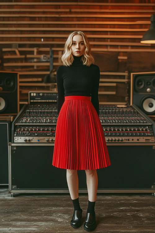 A preppy style featuring a woman in a pleated red skirt, a fitted black turtleneck, and black loafers