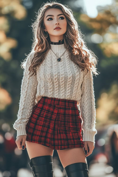 A romantic casual look with a woman in a red plaid skirt, a white knit sweater, and black knee-high boots