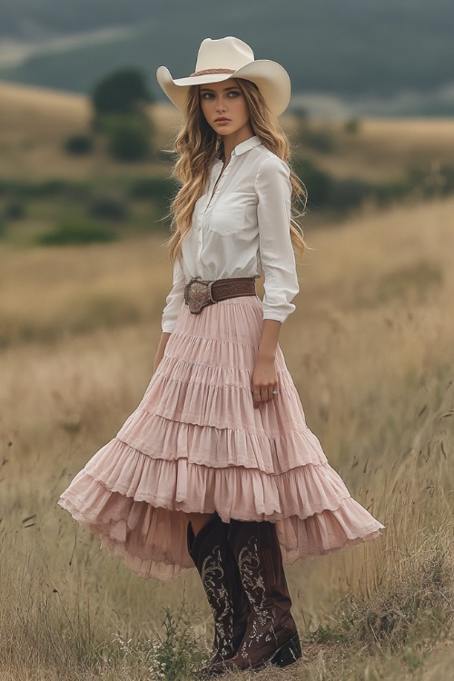 A romantic cowgirl look with a tiered blush pink maxi skirt, white blouse, and embroidered cowboy boots, styled on a ranch