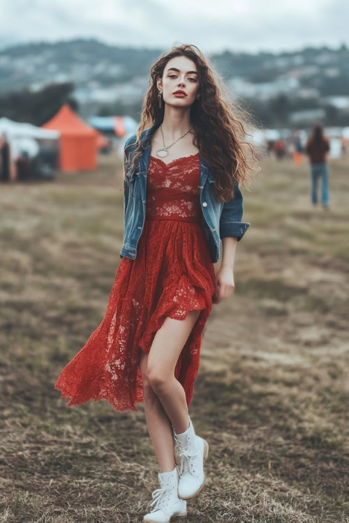 A romantic look featuring a woman in a red midi dress with lace details, white ankle boots, and a denim jacket