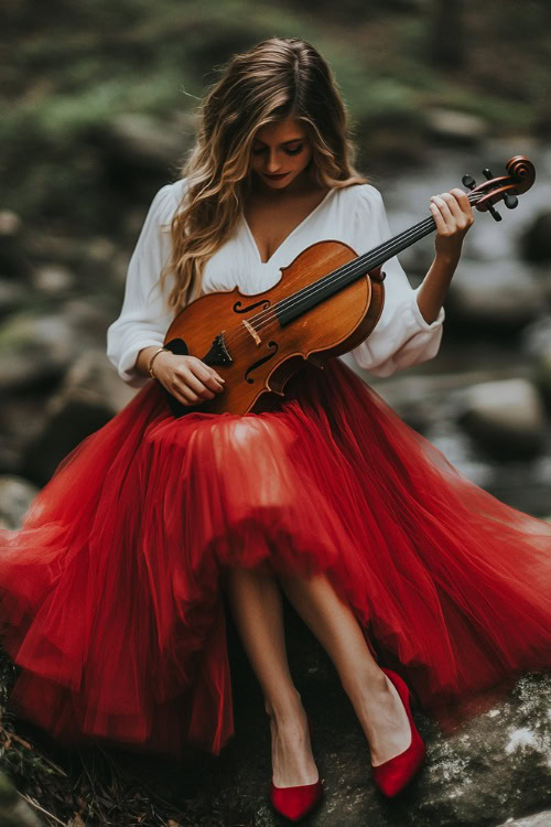 A romantic look featuring a woman in a red tulle midi skirt, a fitted white blouse, and red ballet flats (2)