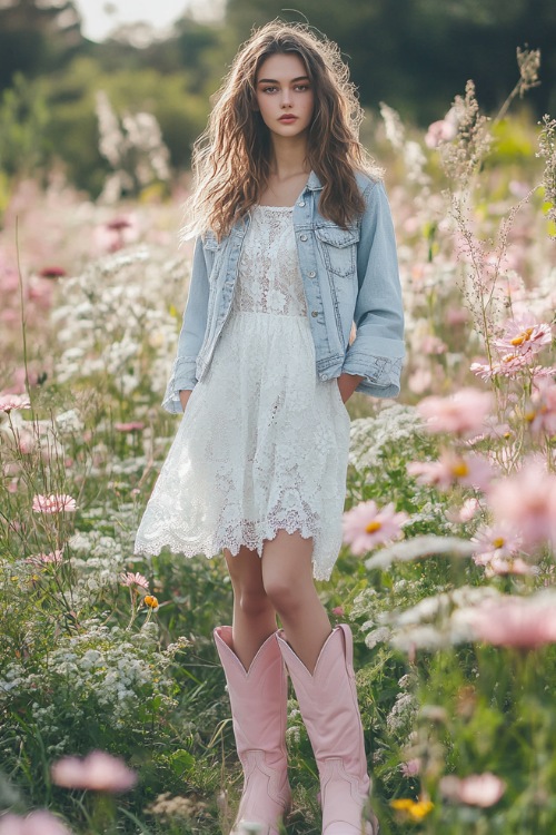 A romantic outdoor look with a white lace midi dress, pastel pink cowboy boots, and a denim jacket