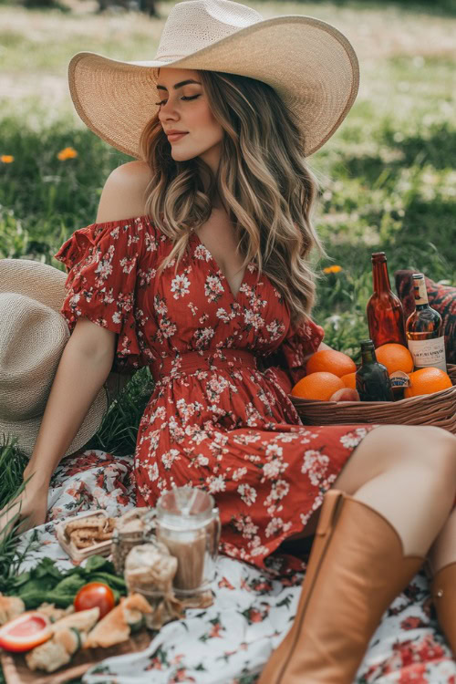 A romantic outfit with a woman in a floral red midi dress, tan cowboy boots, and a wide-brimmed hat (2)