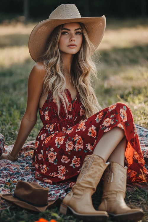 A romantic outfit with a woman in a floral red midi dress, tan cowboy boots, and a wide-brimmed hat