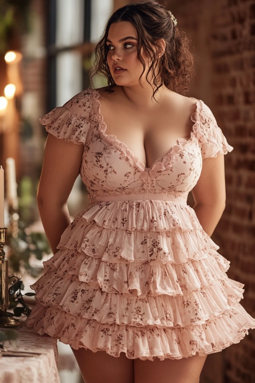 A stylish plus-size woman in a blush pink short A-line dress with a scalloped neckline, a tiered skirt, and subtle floral prints (3)