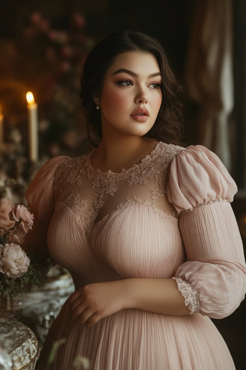 A stylish plus-size woman in a blush pink tea-length A-line dress with a scalloped neckline, puff sleeves, and a gathered bodice