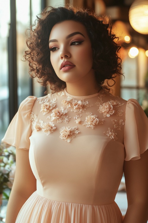 A stylish plus-size woman in a pastel peach A-line tea-length dress with short flutter sleeves, a high neckline