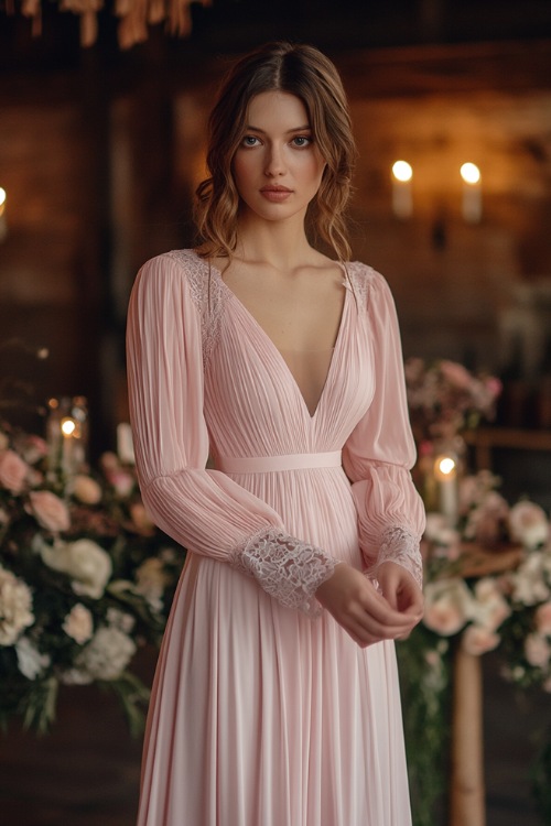 A stylish woman in a blush pink empire-waist maxi dress with long lace sleeves, a V-neckline, and a pleated hemline