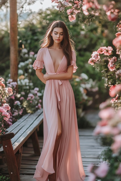 A stylish woman in a blush pink wrap maxi dress with flutter sleeves, a cinched waist, and a slit hemline