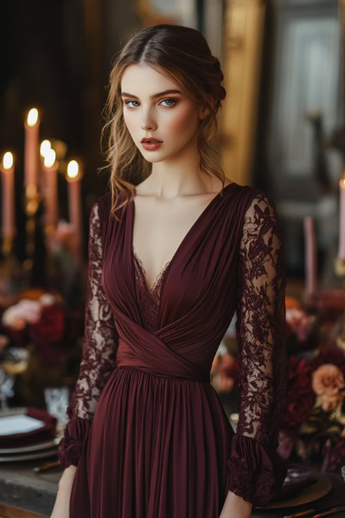 A stylish woman in a burgundy wrap maxi dress with long lace sleeves, a plunging neckline, and a flowing skirt