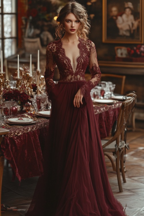 A stylish woman in a burgundy wrap maxi dress with long lace sleeves, a plunging neckline, and a flowing skirt (3)