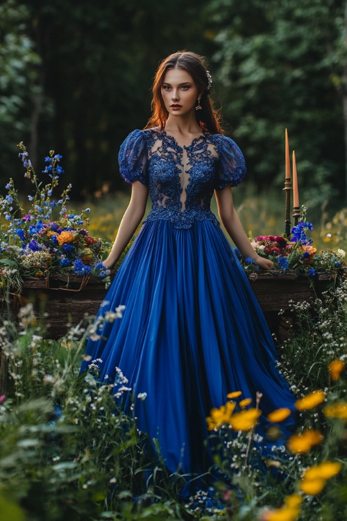 A stylish woman in a cobalt blue bubble dress with flutter sleeves, lace embroidery, and a pleated skirt