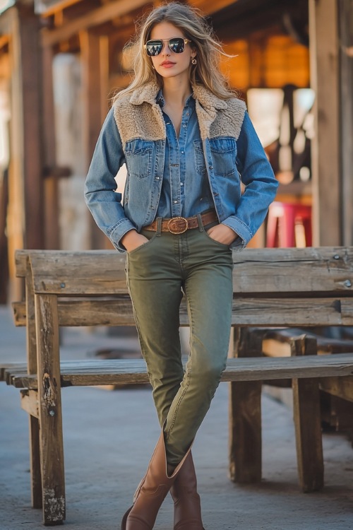 A stylish woman in a denim shirt layered under a sherpa-lined jacket, paired with olive green pants and tan ankle cowboy boots