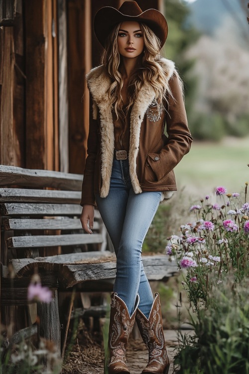 A stylish woman in a faux fur-trimmed parka over skinny jeans and embroidered cowboy boots, standing near a rustic concert bench with wildflowers (2)