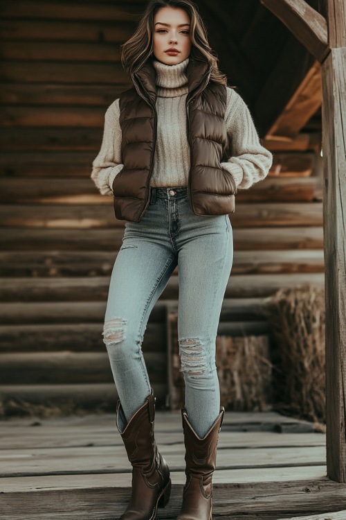 A stylish woman in a flannel-lined puffer vest layered over a turtleneck sweater, paired with skinny jeans and leather cowboy boots