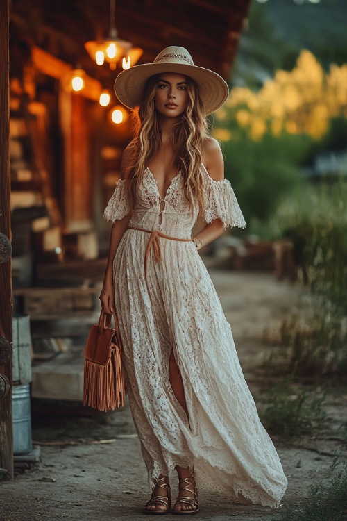 A stylish woman in a flowing boho maxi dress with lace accents,