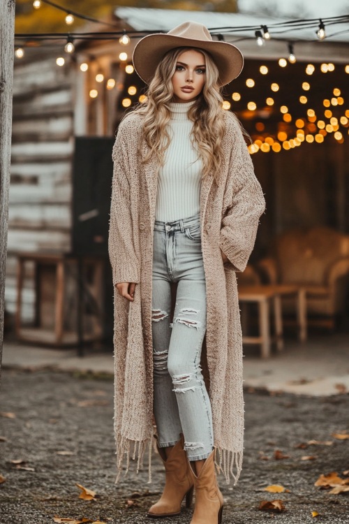 A stylish woman in a long beige cardigan, a white turtleneck, and ripped skinny jeans, styled with tan cowboy boots and a wool hat