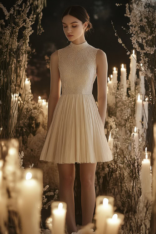 A stylish woman in a metallic champagne short A-line dress with a high neckline, lace appliqués, and subtle pleats (2)