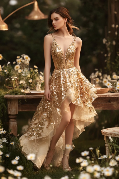 A stylish woman in a metallic gold sleeveless short dress with an asymmetrical hemline, subtle floral embroidery, and adjustable straps