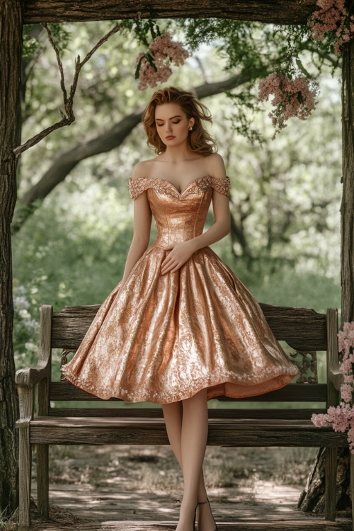 A stylish woman in a metallic rose gold midi dress with a tulip hemline, a sweetheart neckline, and lace detailing