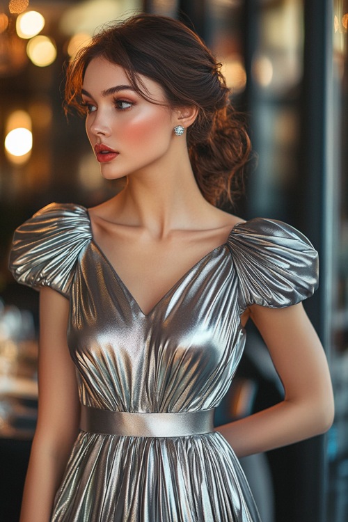 A stylish woman in a metallic silver bubble dress with a scalloped neckline, short flutter sleeves, and pleated detailing