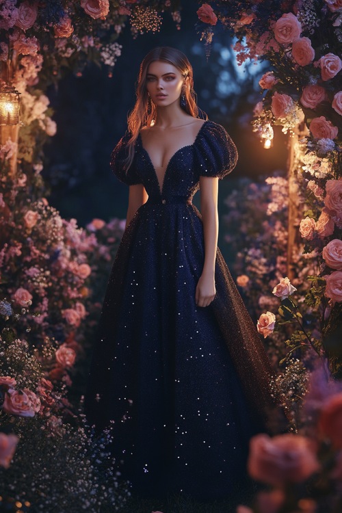 A stylish woman in a navy bubble dress with a cinched waist, short flutter sleeves, and floral embroidery