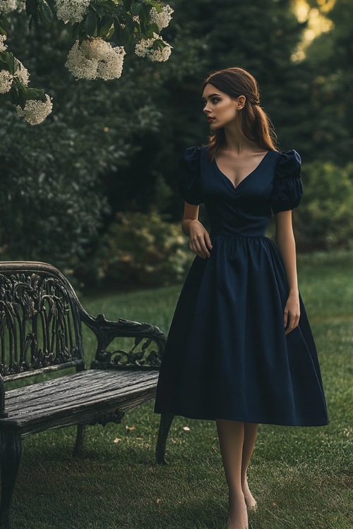 A stylish woman in a navy midi-length dress with puff sleeves, a fitted bodice, and a gathered tulip hemline