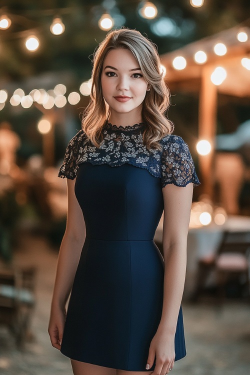 A stylish woman in a navy short bubble dress with short flutter sleeves, floral lace detailing