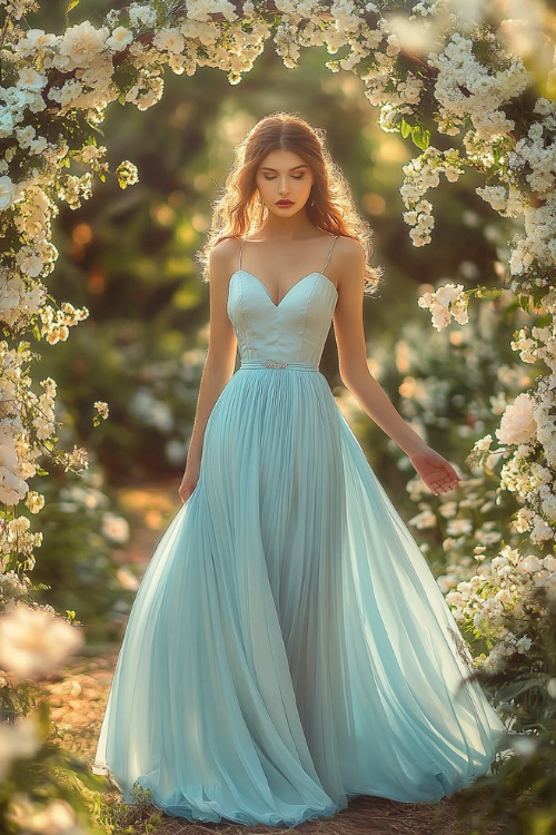 A stylish woman in a pastel blue sleeveless A-line dress with a sweetheart neckline, a cinched waist, and a pleated skirt (2)