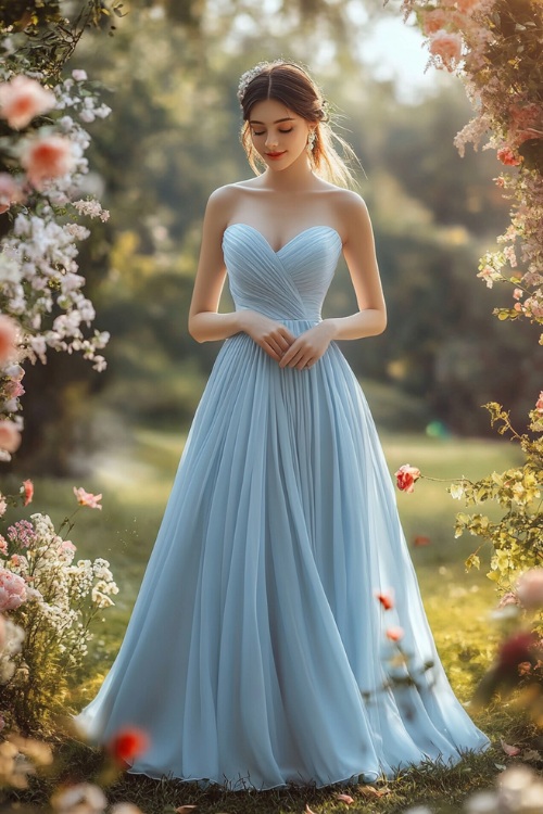 A stylish woman in a pastel blue sleeveless A-line dress with a sweetheart neckline, a cinched waist, and a pleated skirt