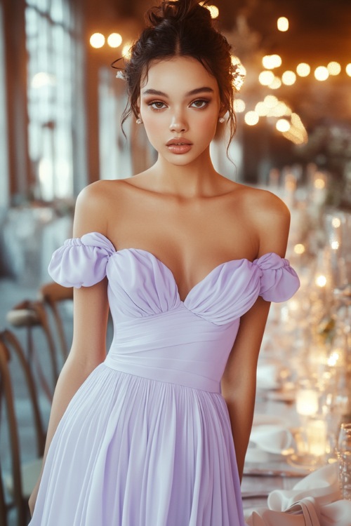 A stylish woman in a pastel lavender off-shoulder dress with puff sleeves, a fitted bodice, and a flowing hemline