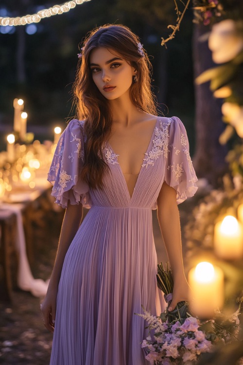 A stylish woman in a pastel lavender pleated maxi dress with flutter sleeves, a V-neckline, and floral lace appliqués