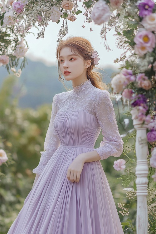 A stylish woman in a pastel lavender tea-length midi dress with a high neckline, a pleated skirt, and lace detailing