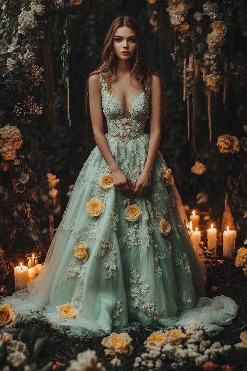 A stylish woman in a pastel mint green sleeveless bubble dress with lace embroidery, floral appliqués