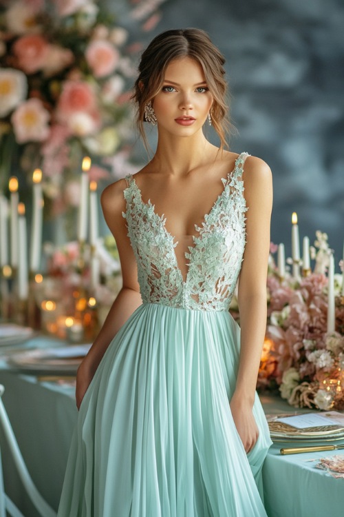 A stylish woman in a pastel mint green sleeveless gown with a tulip hemline, floral lace accents, and a pleated bodice (2)